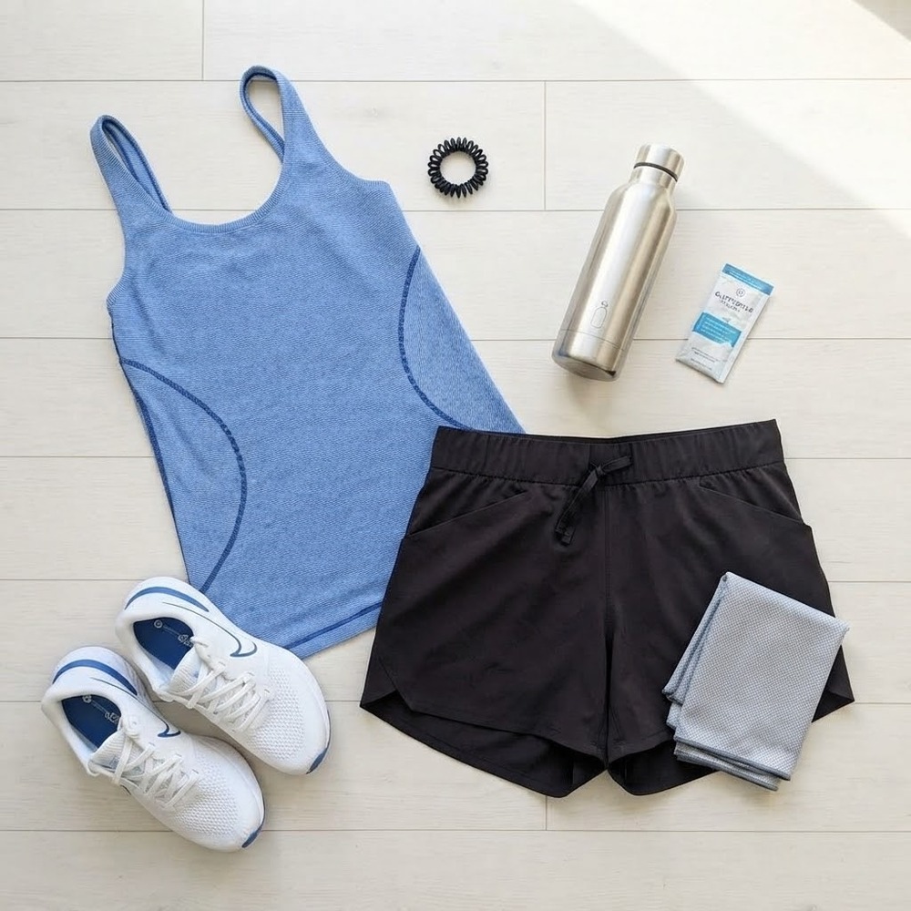Zella Blue Striped Tank & All in Motion Black Shorts Activewear Bundle Set Med